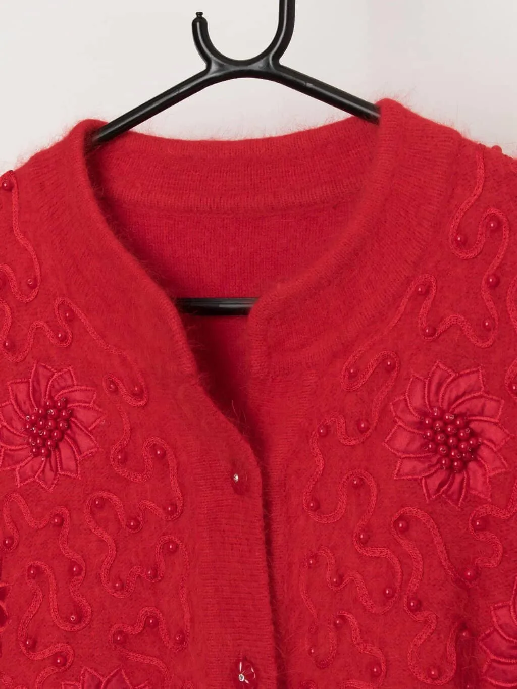 80s vintage bright red fluffy Christmas cardigan – Medium