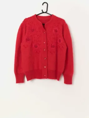 80s vintage bright red fluffy Christmas cardigan – Medium