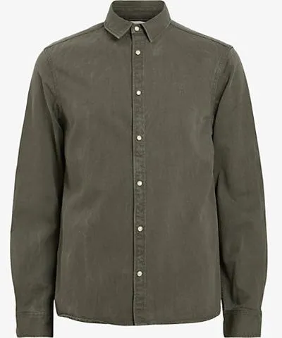 Allsaints Mens Thyme Green Staveley Ramskull embroidered cotton shirt