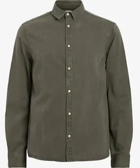 Allsaints Mens Thyme Green Staveley Ramskull embroidered cotton shirt