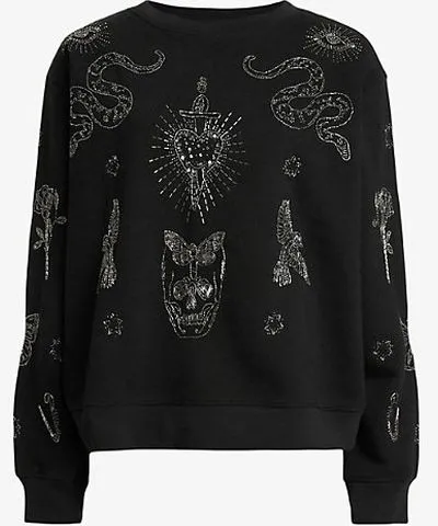 Allsaints Womens Black Pippa embellished relaxed-fit organic-cotton jersey sweatshirt