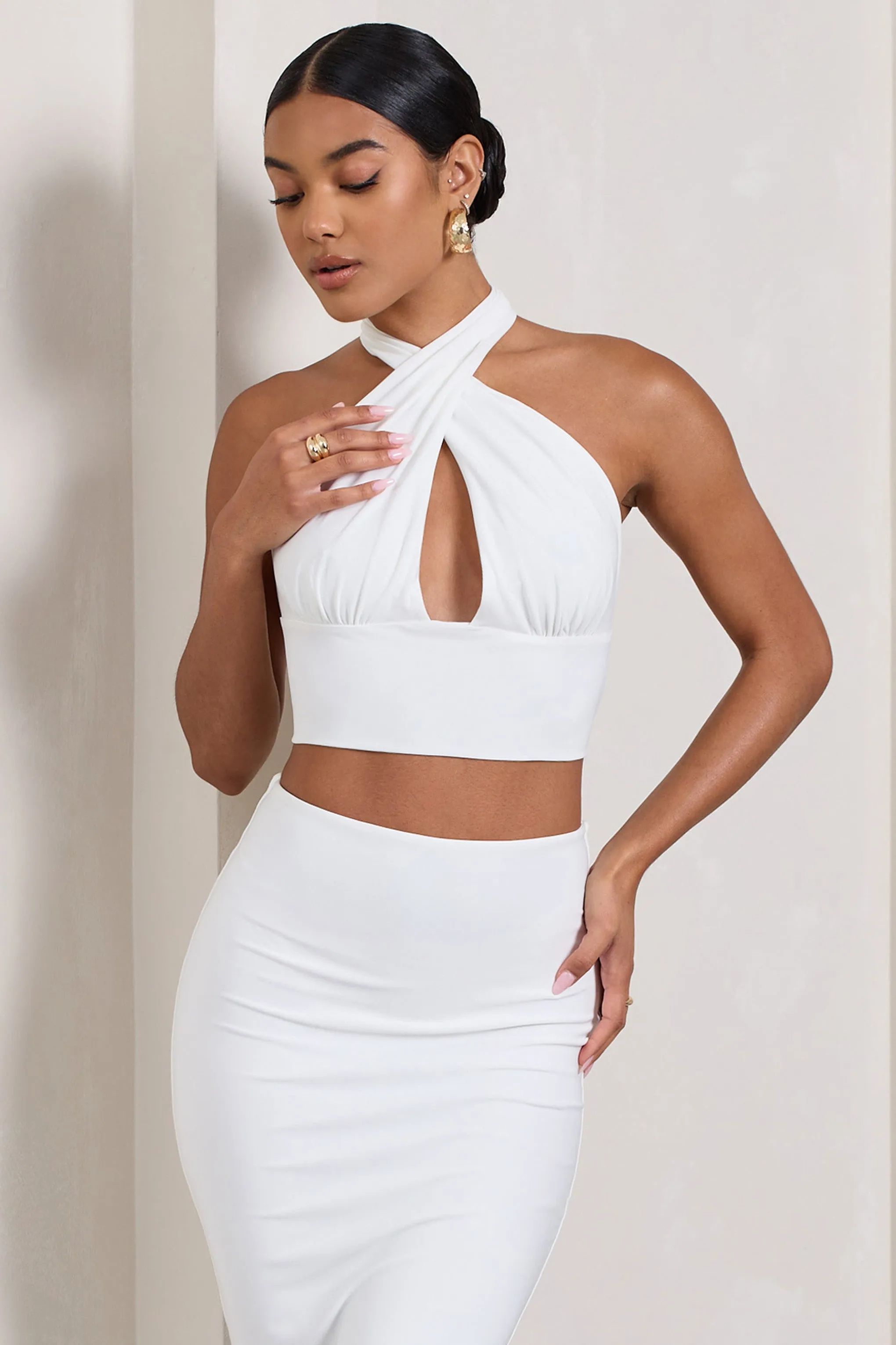 Amp Up | White Plunging Halter-Neck Crop Top