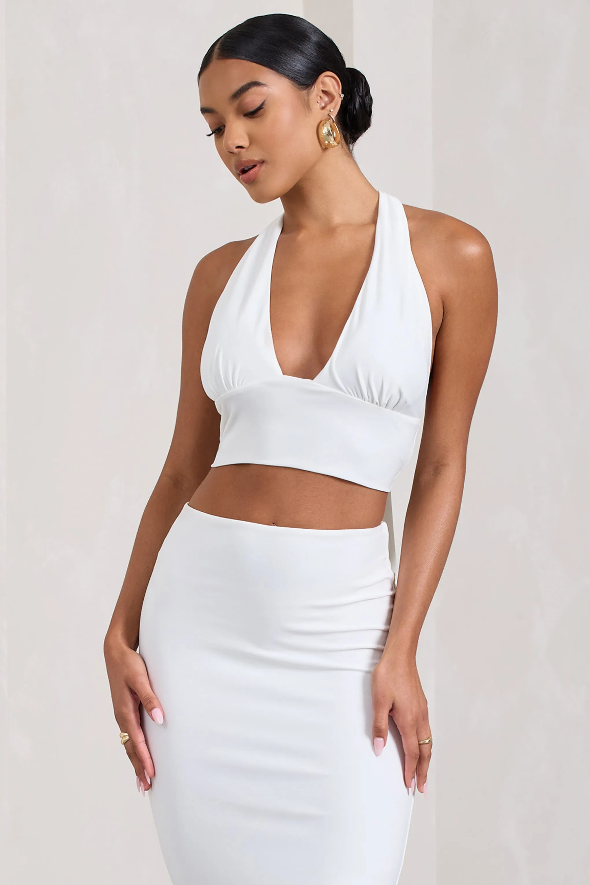 Amp Up | White Plunging Halter-Neck Crop Top