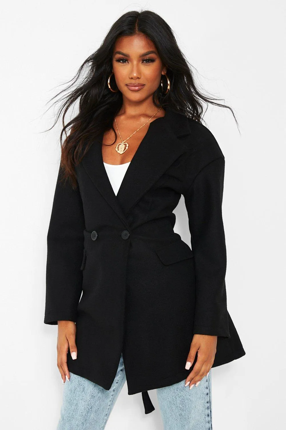 Belted Wool Look Blazer