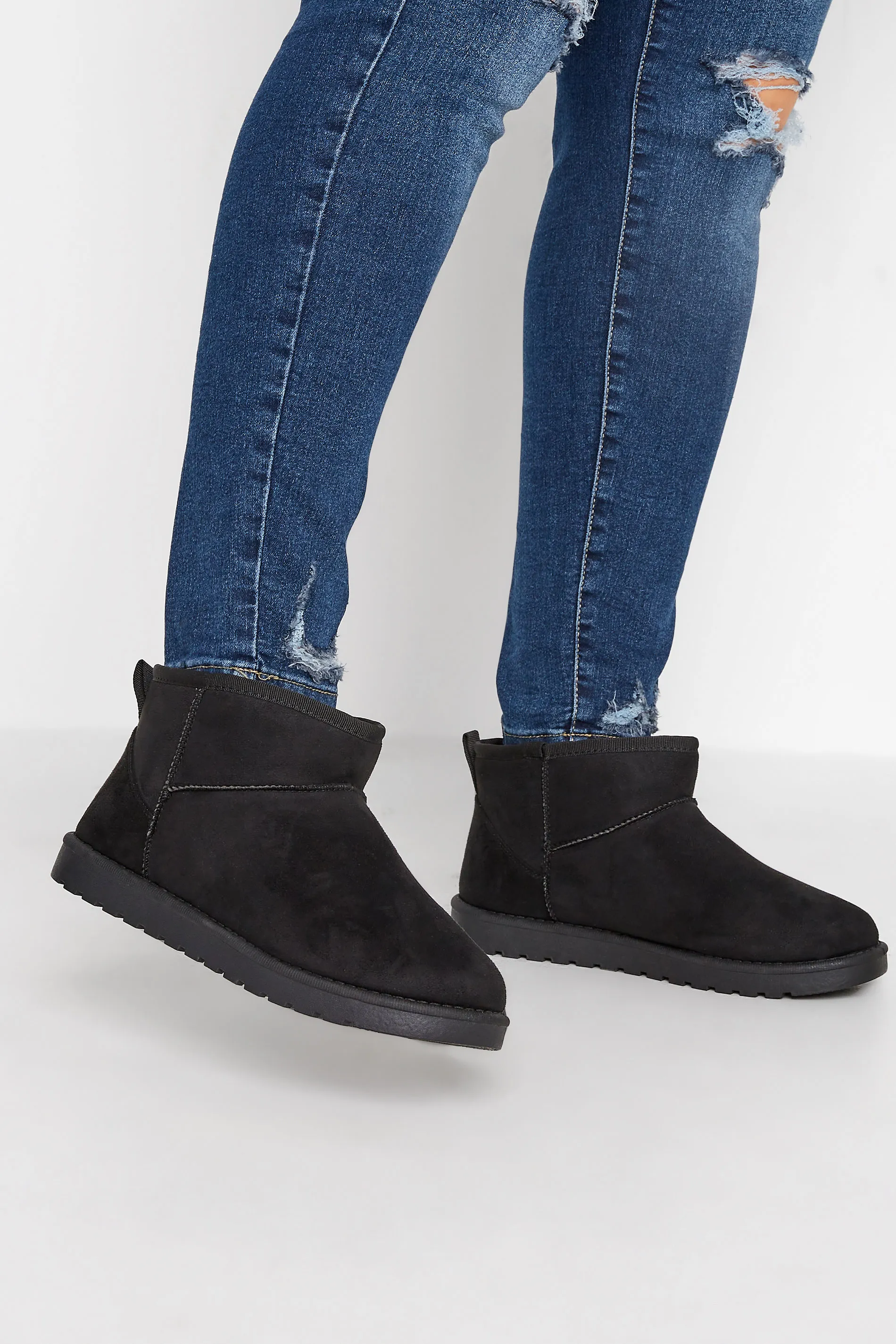 Black Faux Suede Faux Fur Lined Ankle Boots In Wide E Fit & Extra Wide EEE Fit