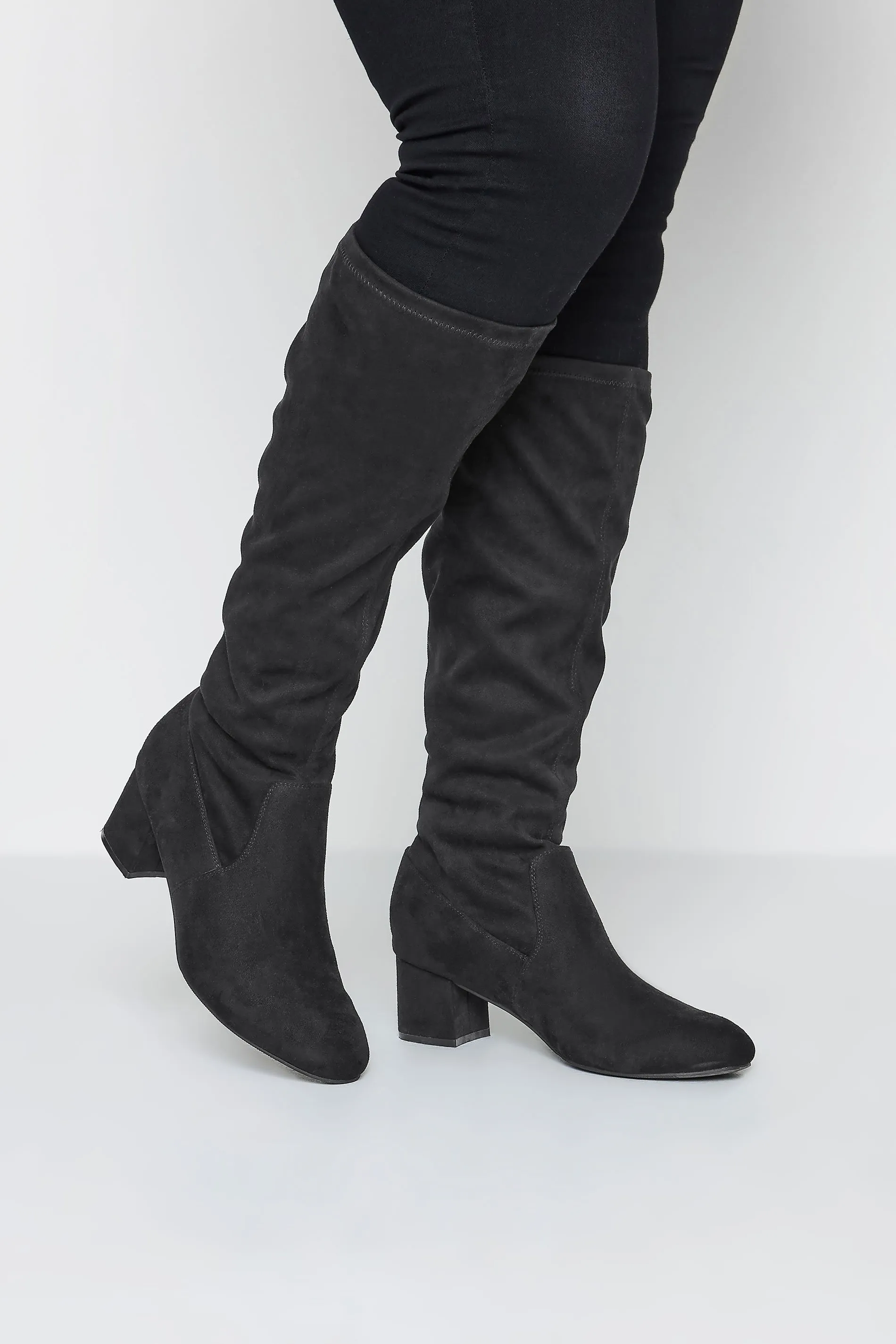 Black Faux Suede Stretch Back Knee High Boots In Wide E Fit & Extra Wide EEE Fit