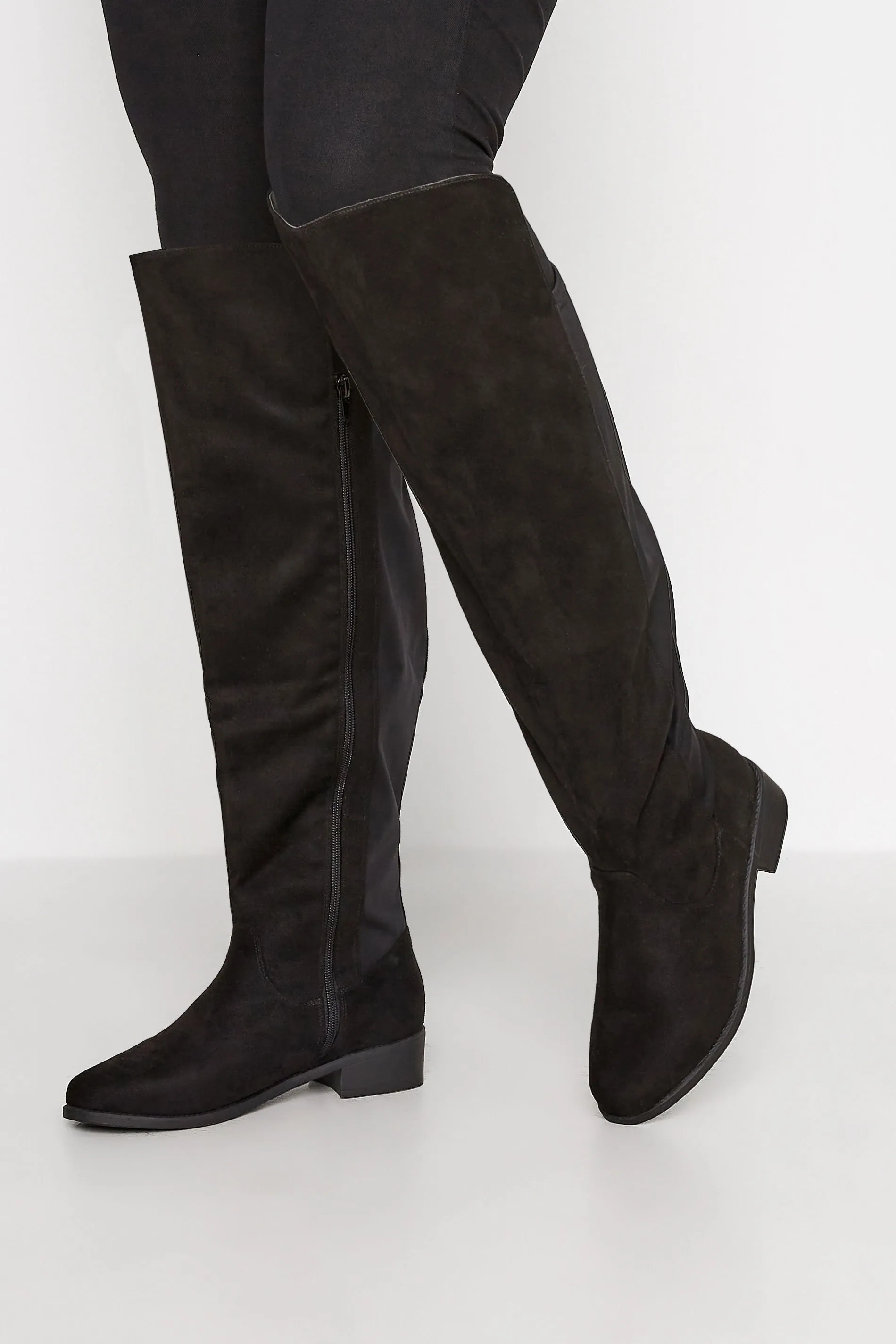 Black Faux Suede Stretch Over The Knee Boots In Wide E Fit & Extra Wide EEE Fit