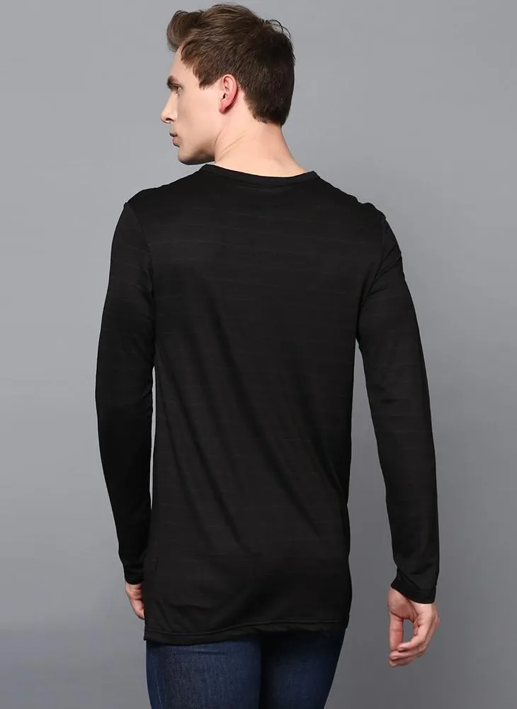 Black Full Sleeve Henley Collar T-Shirt