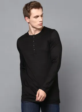 Black Full Sleeve Henley Collar T-Shirt