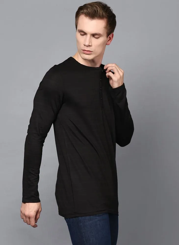 Black Full Sleeve Henley Collar T-Shirt