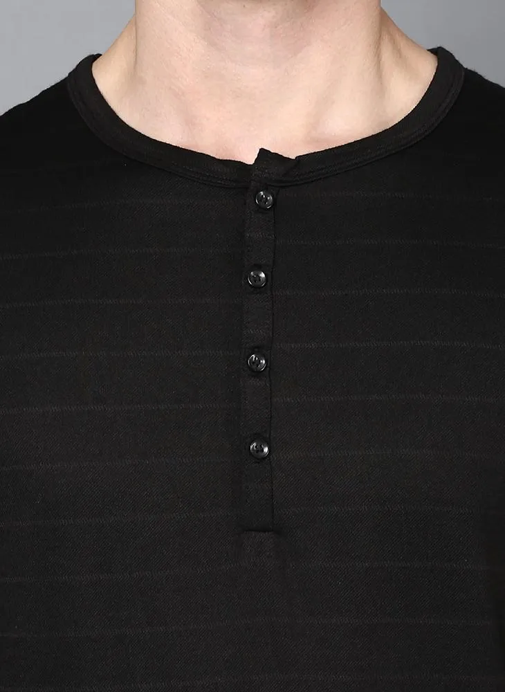 Black Full Sleeve Henley Collar T-Shirt