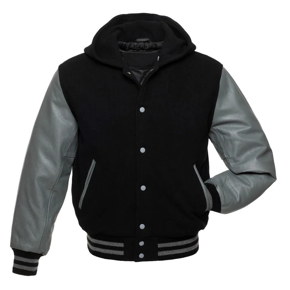 Black Hoodie Varsity Jacket With Grey Leather Sleeves