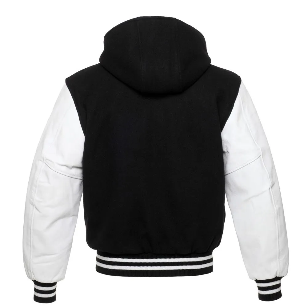 Black Hoodie Varsity Jacket With White Leather Sleeves