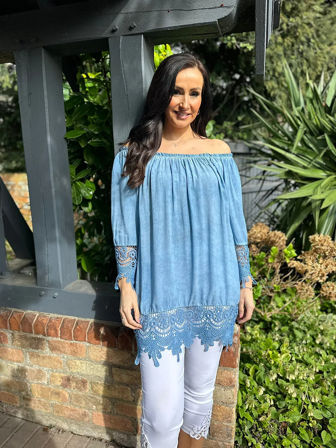 Blue Crochet Detail Bardot Top Jayne