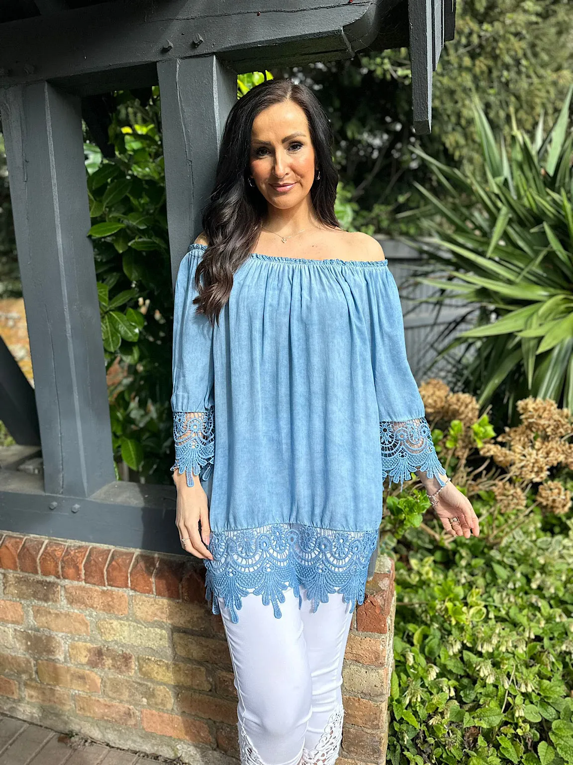 Blue Crochet Detail Bardot Top Jayne