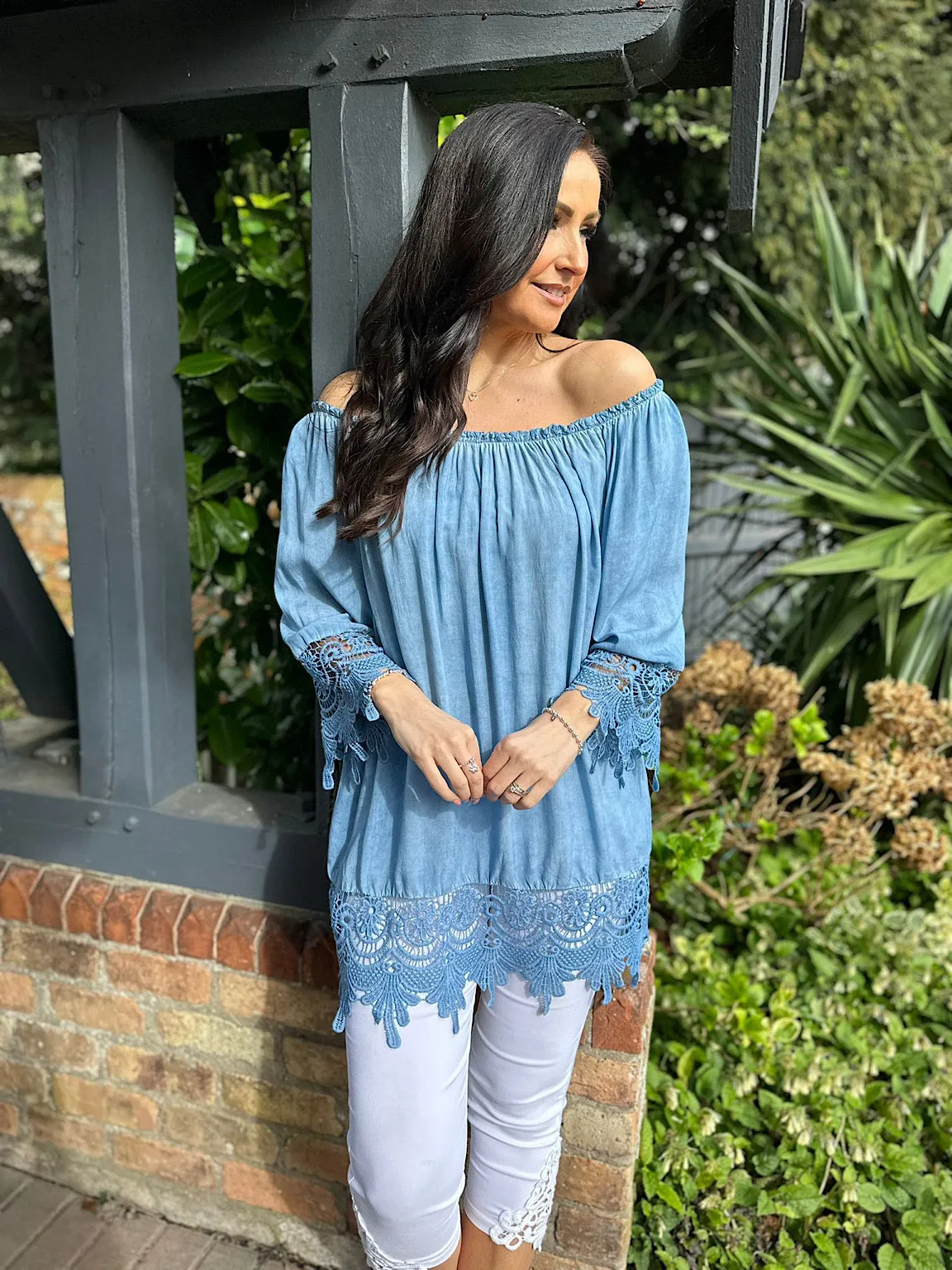 Blue Crochet Detail Bardot Top Jayne