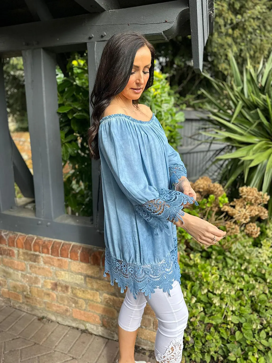 Blue Crochet Detail Bardot Top Jayne