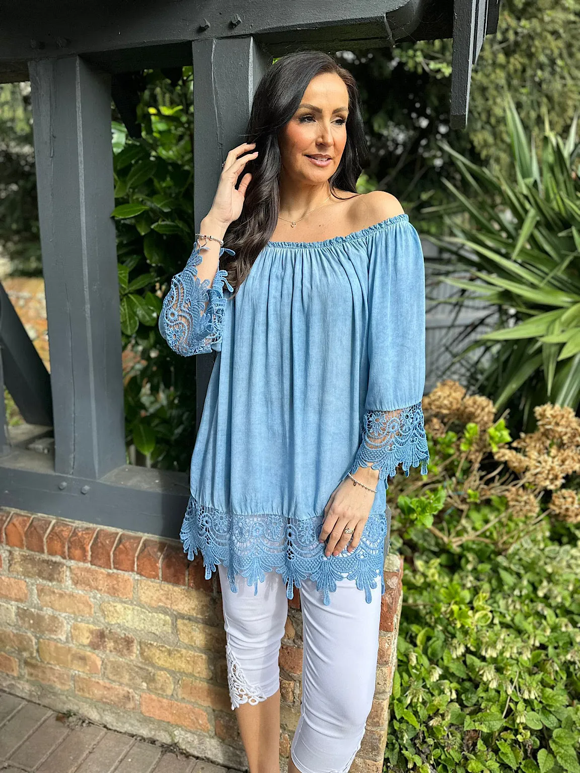 Blue Crochet Detail Bardot Top Jayne