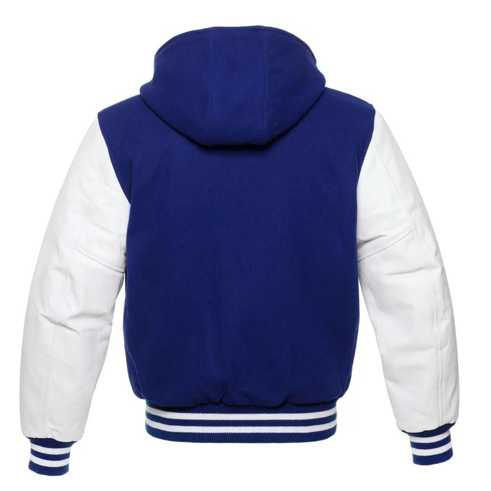 Blue Hoodie Varsity Jacket With White Leather Sleeves