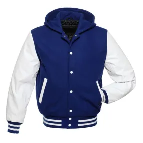 Blue Hoodie Varsity Jacket With White Leather Sleeves