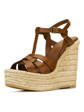 Brown Wedge Sandals Women Platform PU Woven T Strap Wedge Shoes