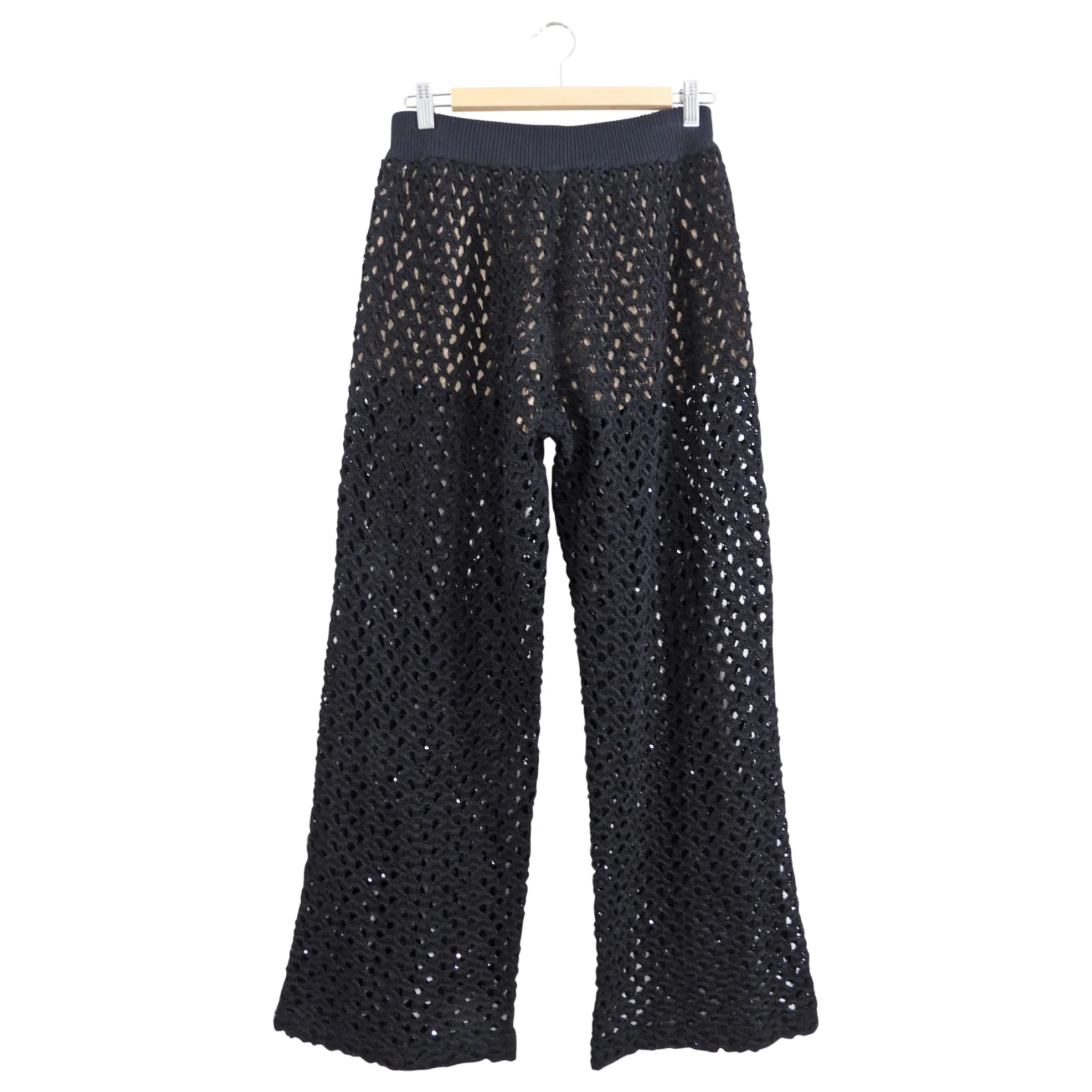 Brunello Cucinelli Black Open Knit Sequin Wide Leg Jogger Pants - S (4/6)