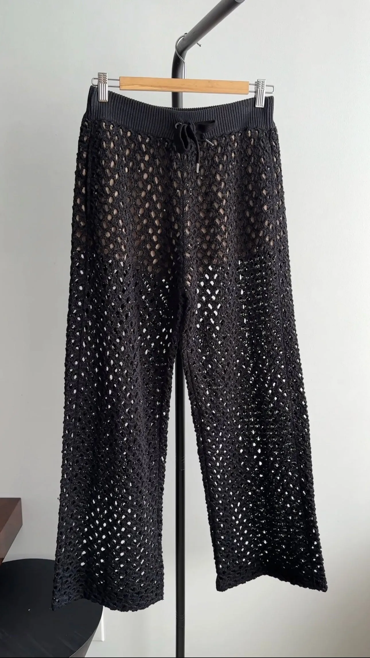 Brunello Cucinelli Black Open Knit Sequin Wide Leg Jogger Pants - S (4/6)