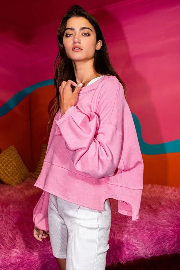 BUCKETLIST - T2033 Lantern Sleeve Button-up French Terry Crop Top: BUBBLEGUM / S-M-L (2-2-2)