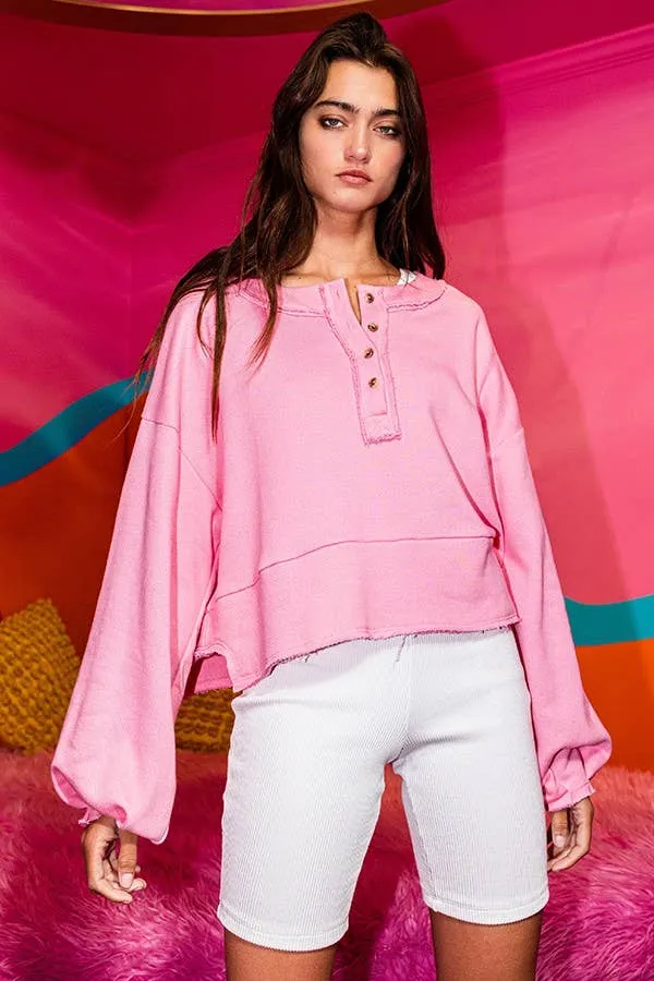 BUCKETLIST - T2033 Lantern Sleeve Button-up French Terry Crop Top: BUBBLEGUM / S-M-L (2-2-2)