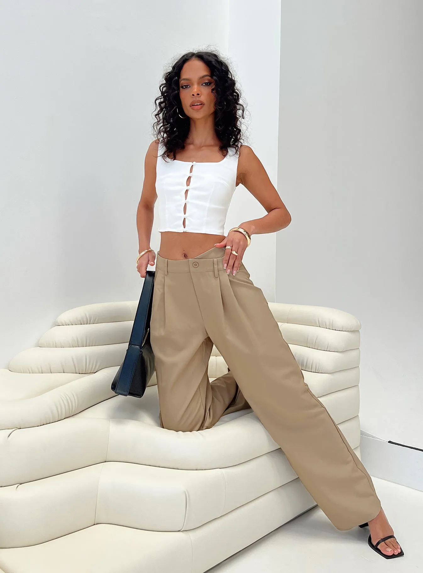 Caley Asymmetric Waistband Pants Beige