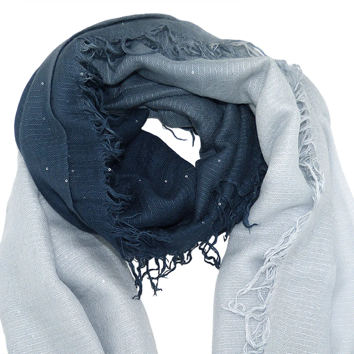 Chan Luu Scarf Soft Cashmere Silk Wrap Dip Dye Tiny Sequin Blue Nights Gray Dawn