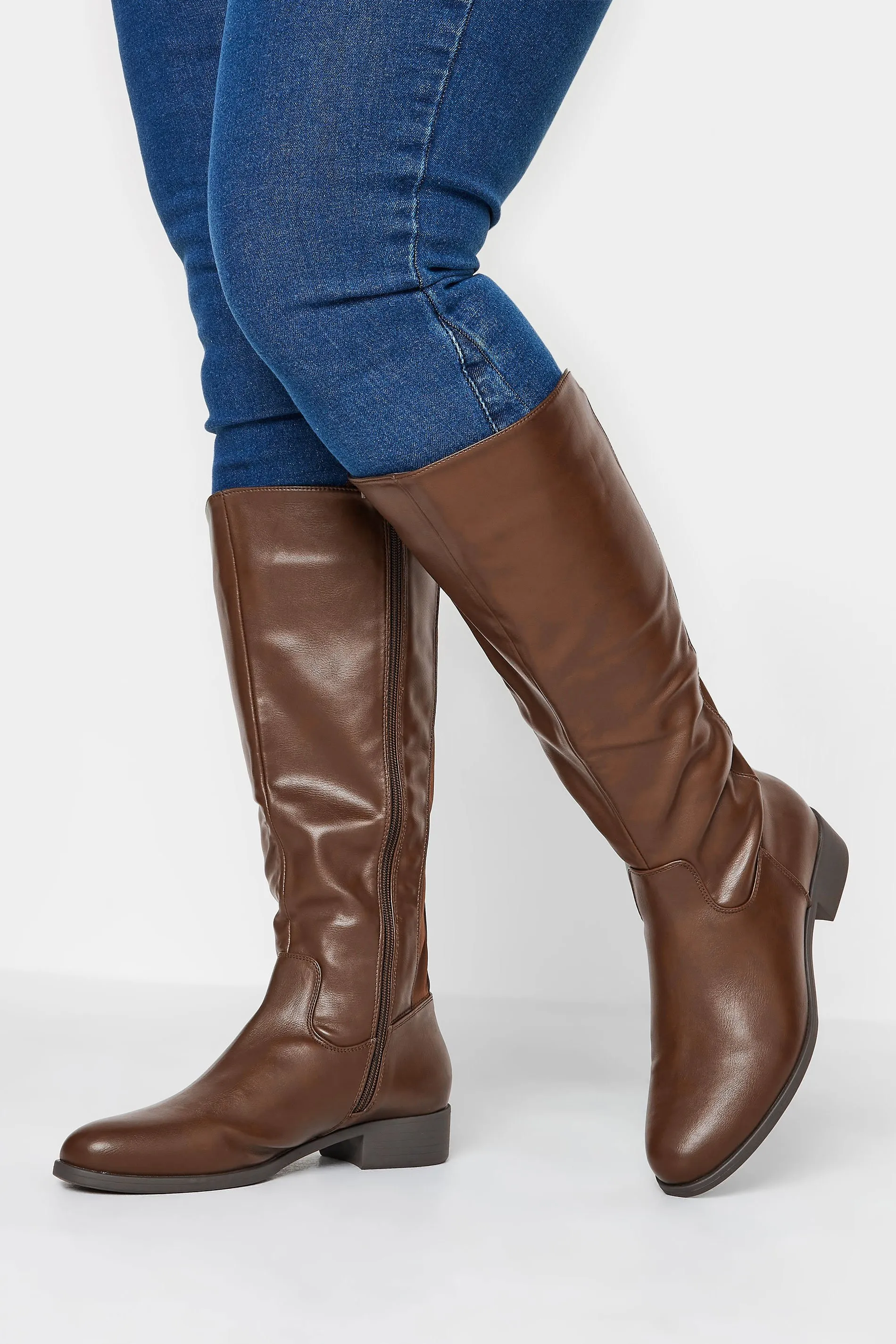 Chocolate Brown PU Stretch Heeled Knee High Boots In Wide E Fit & Extra Wide EEE Fit