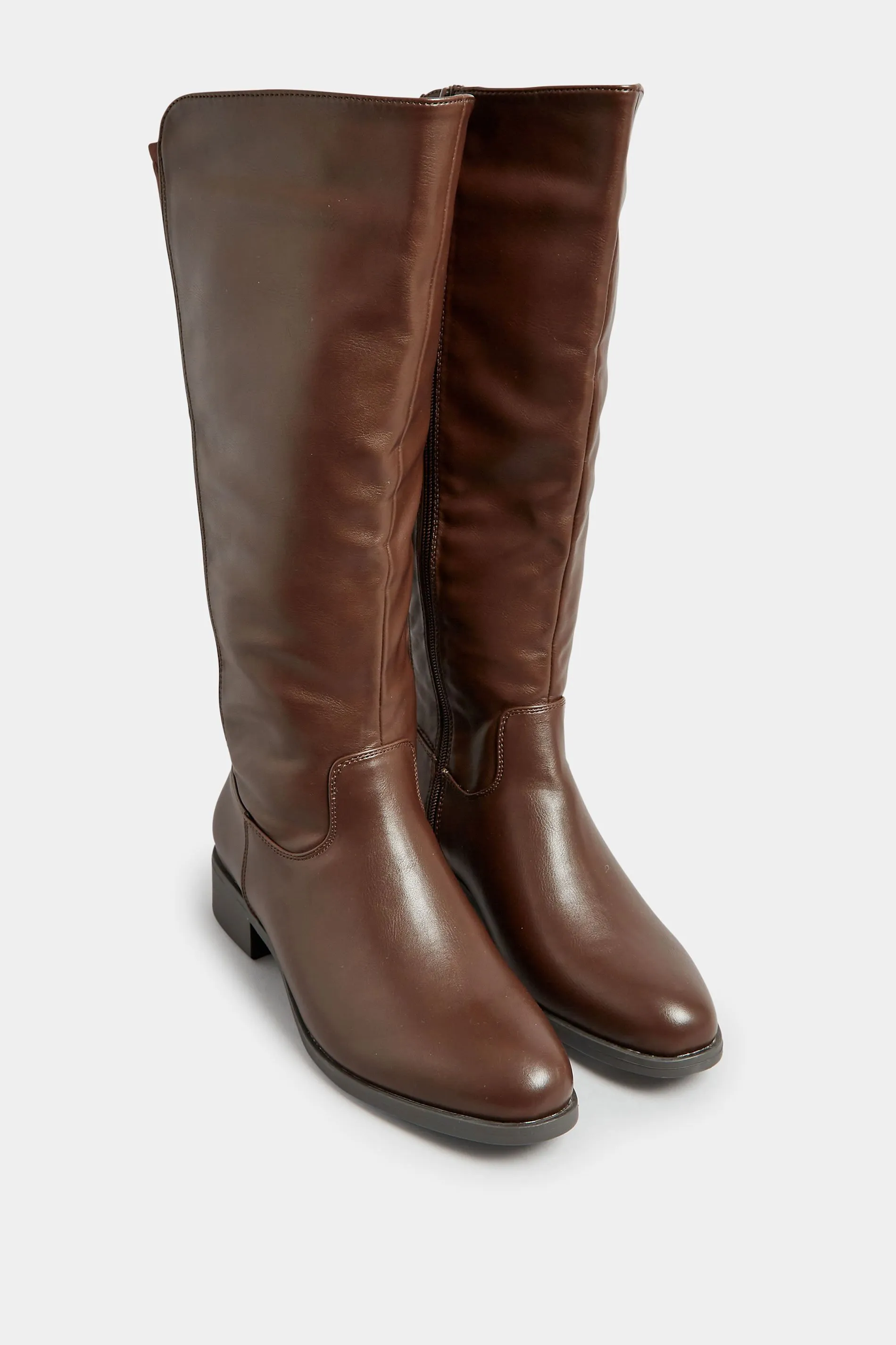 Chocolate Brown PU Stretch Heeled Knee High Boots In Wide E Fit & Extra Wide EEE Fit