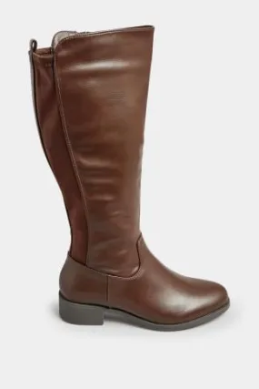 Chocolate Brown PU Stretch Heeled Knee High Boots In Wide E Fit & Extra Wide EEE Fit