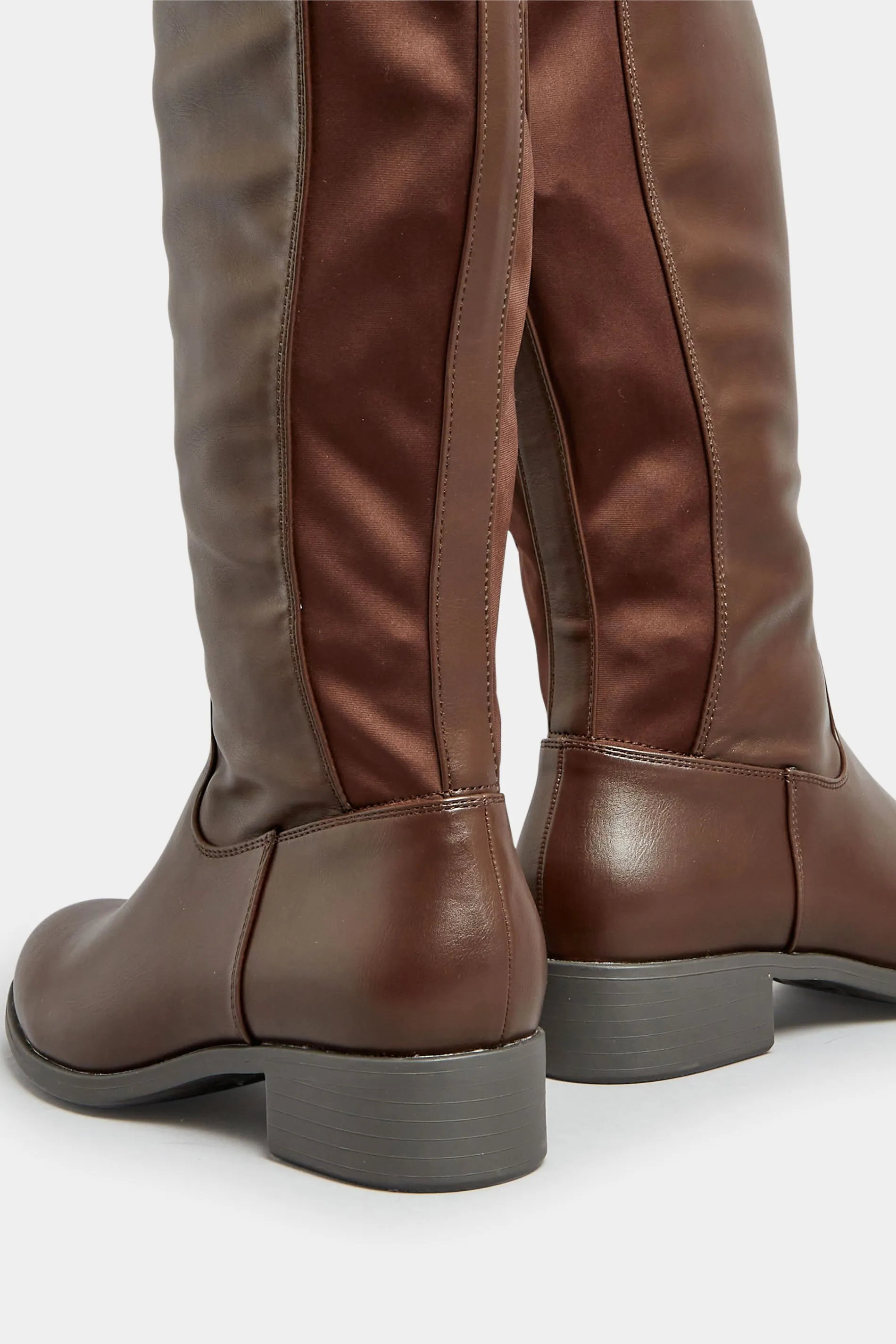 Chocolate Brown PU Stretch Heeled Knee High Boots In Wide E Fit & Extra Wide EEE Fit