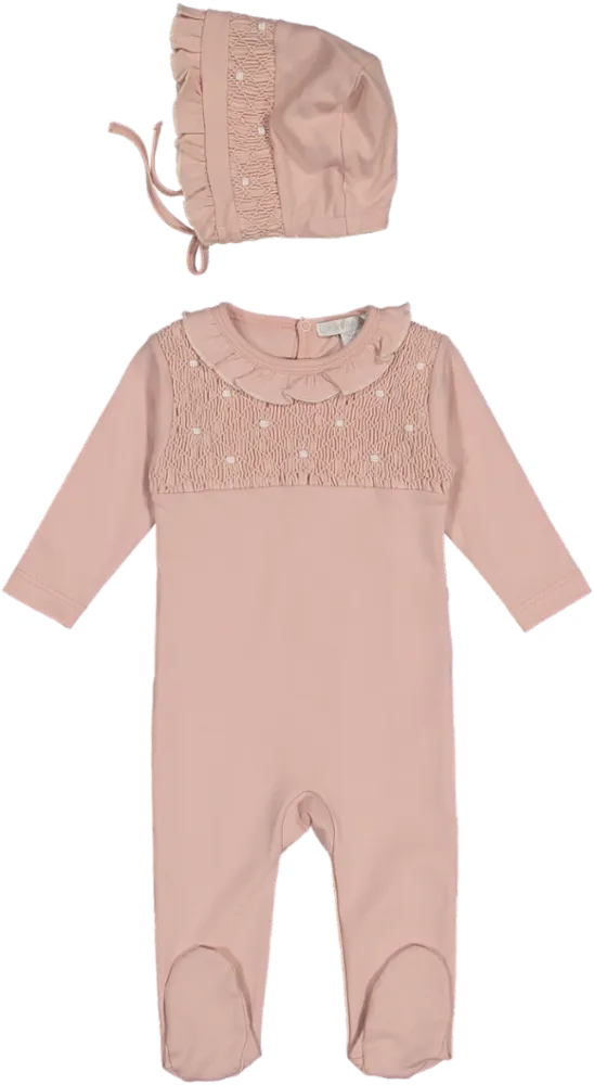 CJ30019-FOOTIE/BONNET SET-Rose/Smock