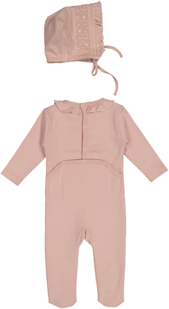 CJ30019-FOOTIE/BONNET SET-Rose/Smock