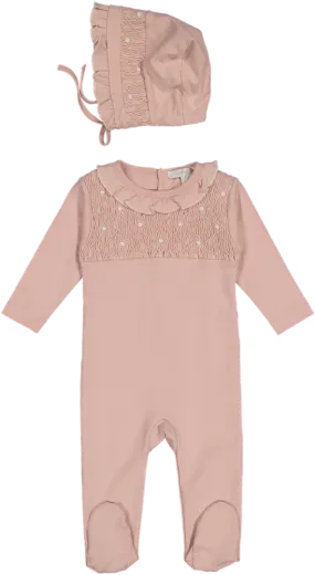 CJ30019-FOOTIE/BONNET SET-Rose/Smock