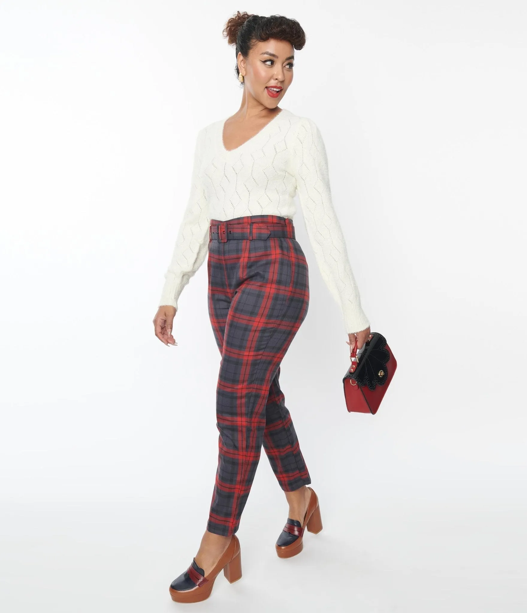 Collectif Burgundy Plaid Thea Pants