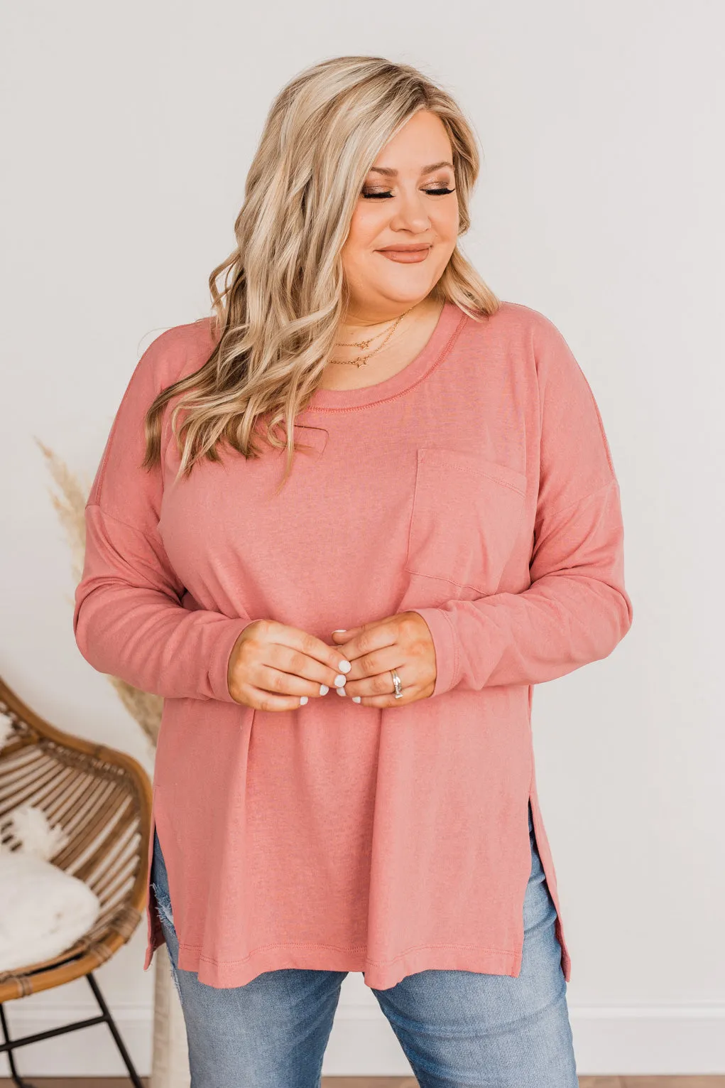 Comfy & Stylish Long Sleeve Pocket Top- Berry