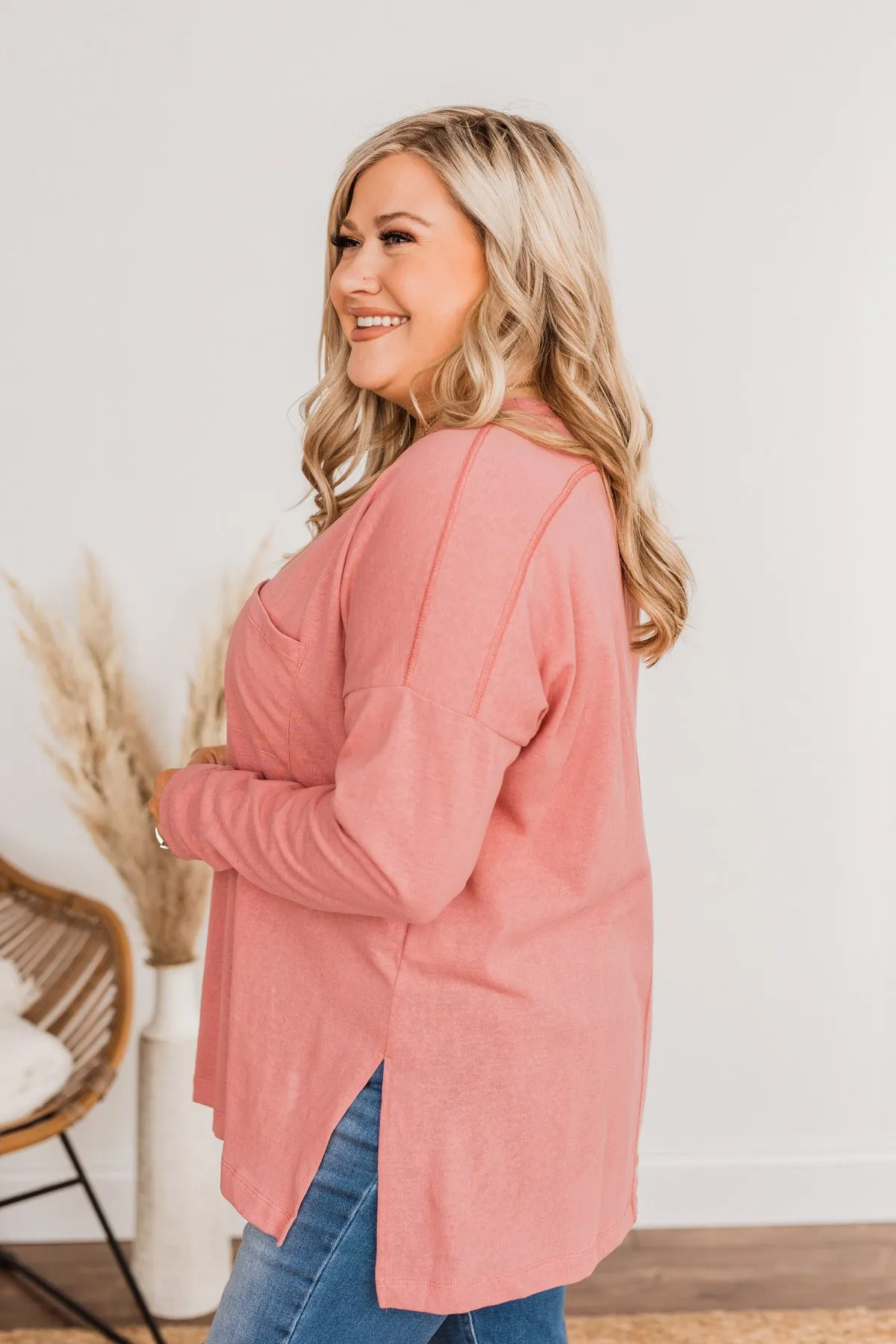 Comfy & Stylish Long Sleeve Pocket Top- Berry