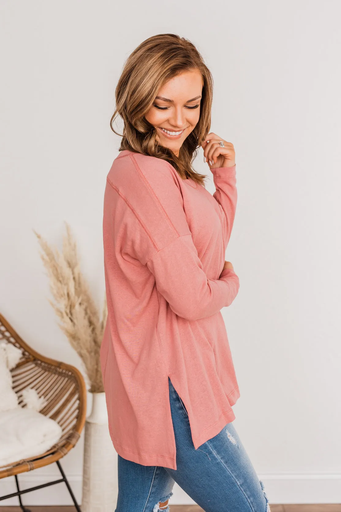 Comfy & Stylish Long Sleeve Pocket Top- Berry