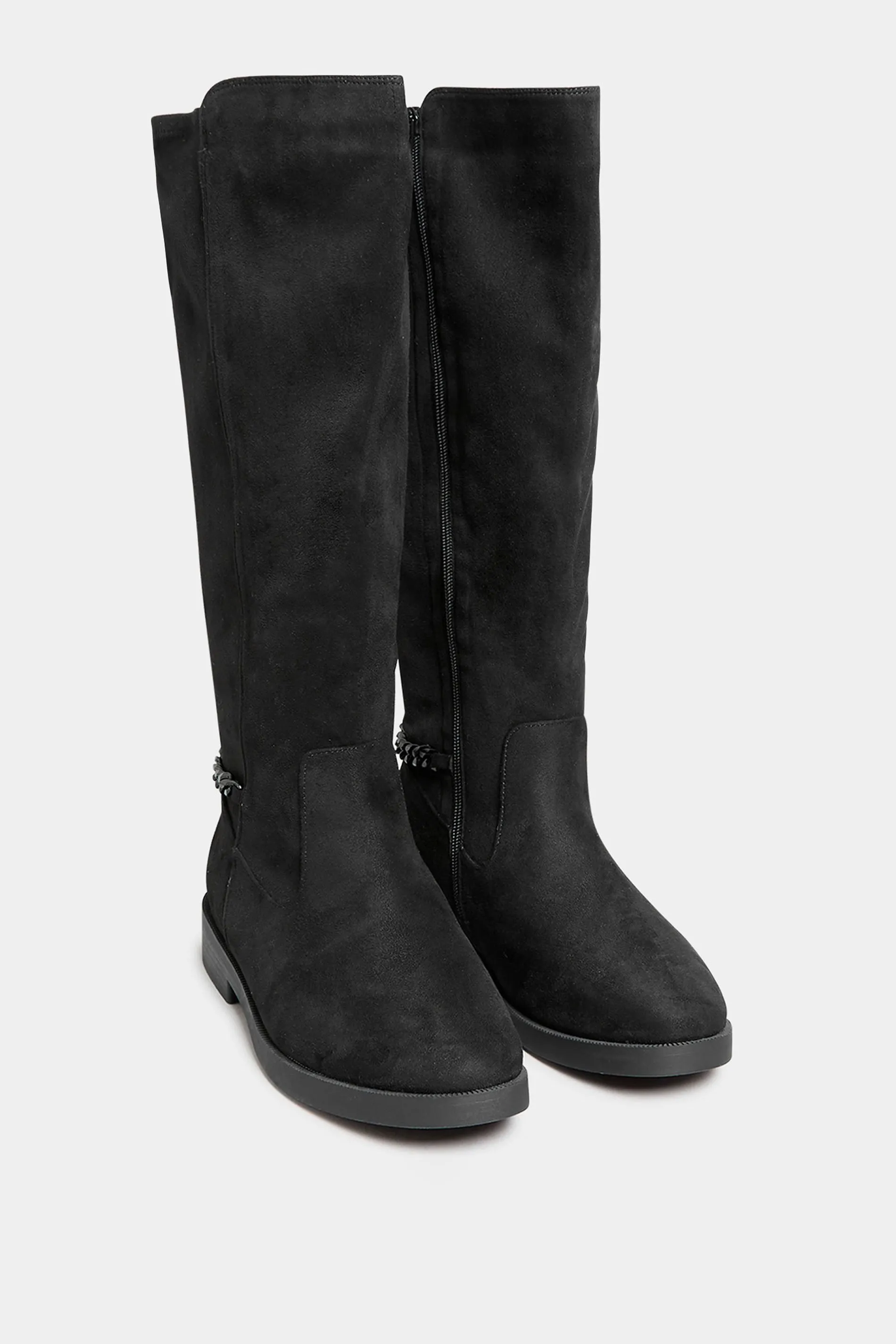 Curve Black Suede Knee High Chain Detail Boots In Wide E Fit & Extra Wide EEE Fit