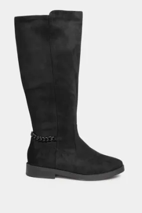 Curve Black Suede Knee High Chain Detail Boots In Wide E Fit & Extra Wide EEE Fit