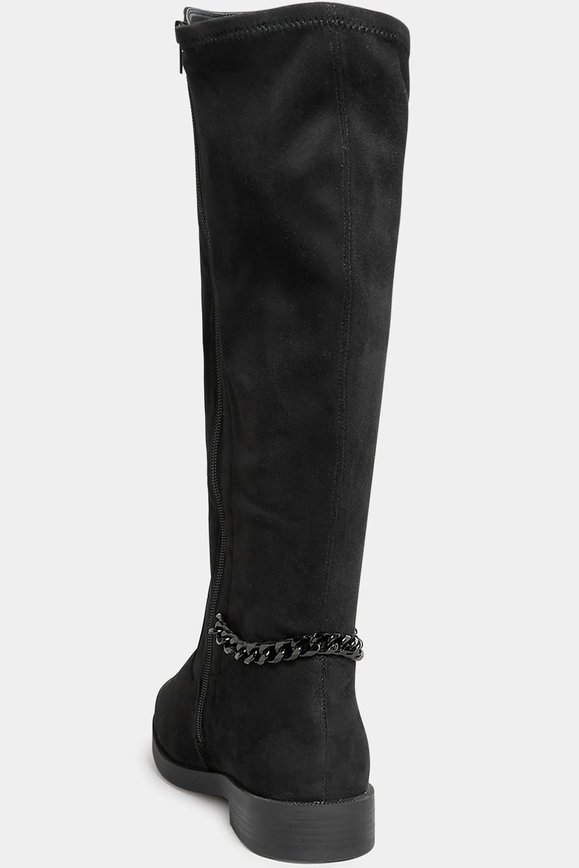 Curve Black Suede Knee High Chain Detail Boots In Wide E Fit & Extra Wide EEE Fit