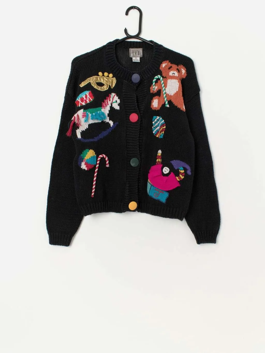 Cute vintage candy cane and teddy bear cardigan – Medium