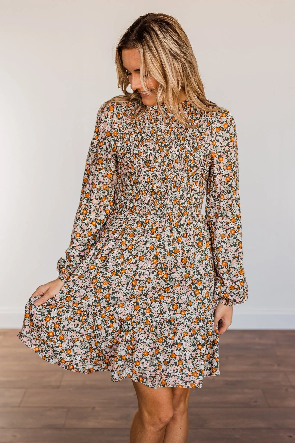 Dance The Night Away Smocked Floral Dress- Olive