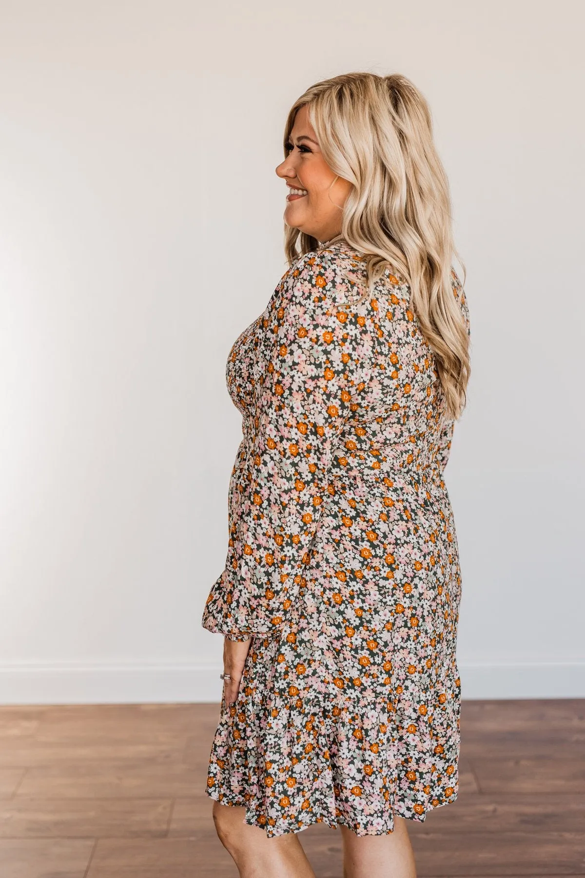 Dance The Night Away Smocked Floral Dress- Olive