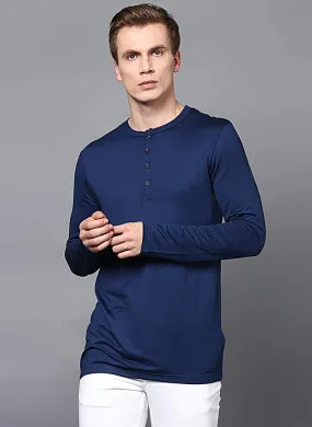 Dark Blue Full Sleeve Henley Collar T-Shirt