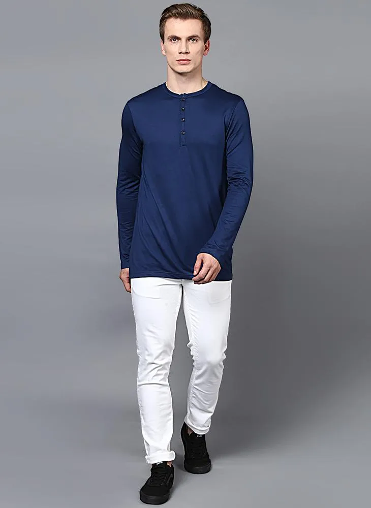 Dark Blue Full Sleeve Henley Collar T-Shirt